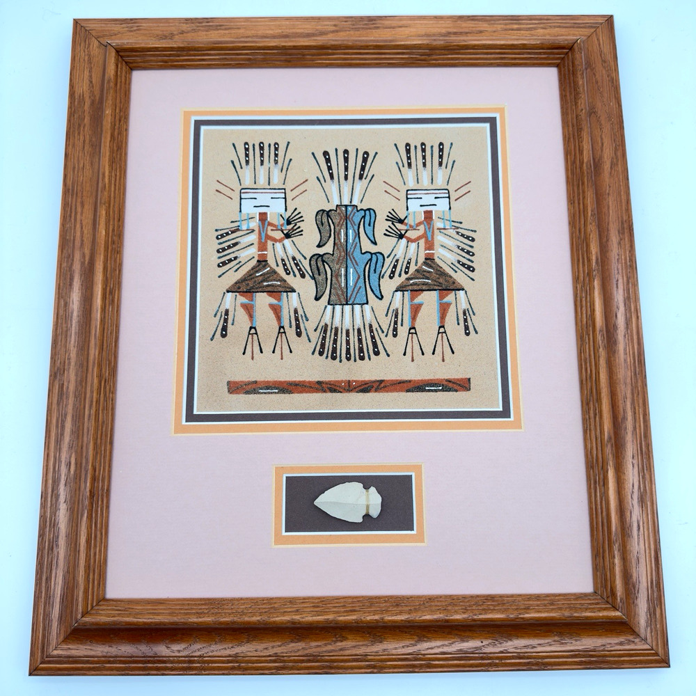 Authentic Navajo Sand Painting Framed Matted Arrowhead Wilton Lee 17" x 15"